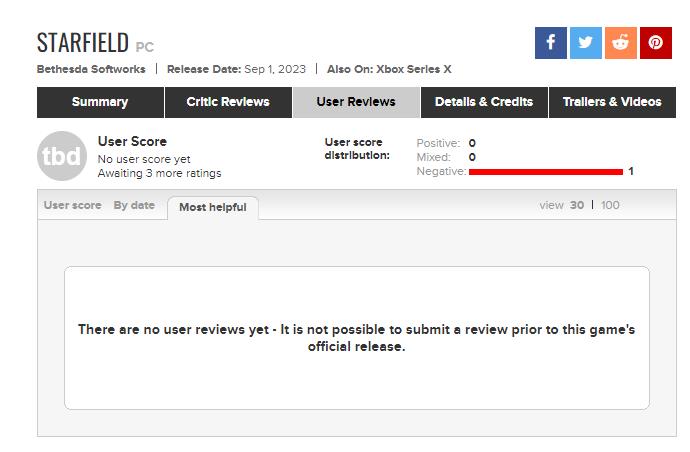 《星空》游戏尚未发售 却已在M站收到玩家差评