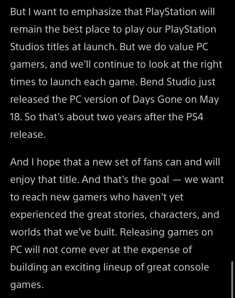 值得一提的是索尼确认目前有25款游戏正在开发中，其中一半将会是全新IP。Playstation未来仍将会是PlayStation Studios游戏的首选和最重要的平台，但也会更加重视PC玩家，旗下更多游戏会在适当的时候登陆PC端，敬请期待。