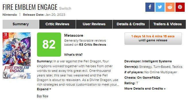 《火焰纹章：结合》M站均分82 IGN评9分GS评7分