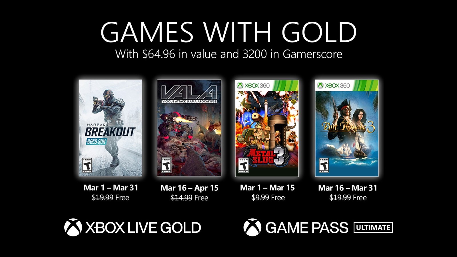 微软Xbox Live金会员2021年3月会免阵容公布