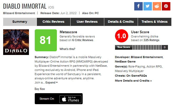 《暗黑破坏神:不朽》M站玩家评分仅1分  内置微交易和氪金