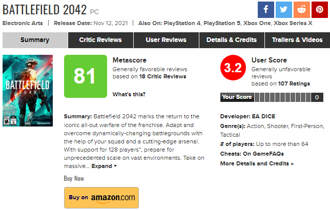 《战地2042》的表现令玩家失望  M站玩家评分仅3.2
