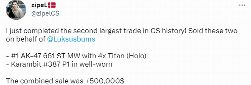 《CS:GO》史上第二大交易诞生 金额高达50万美元