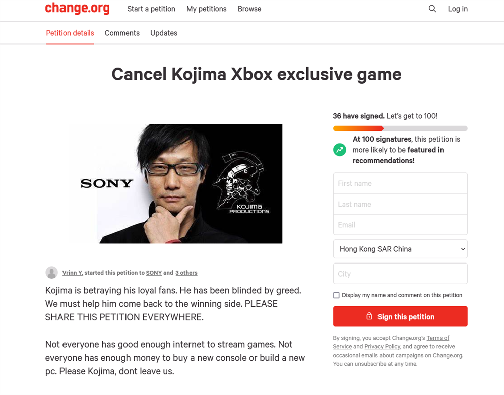 玩家发起请愿希望小岛秀夫取消Xbox独占游戏