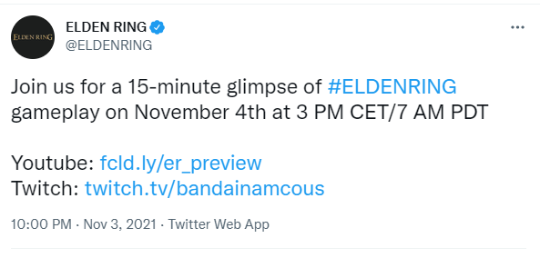 《艾尔登法环》将于11月4日晚10点公布实机演示 时长为15分钟