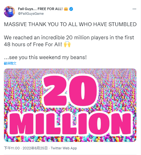 《糖豆人》免费48小时后 玩家突破2000万人