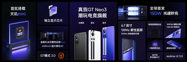 全球首发150W光速秒充+天玑8100！realme GT Neo3发布：1999元起