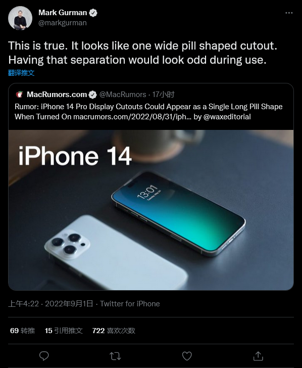 彭博社证实iPhone 14 Pro屏幕两个挖孔 使用时有药丸型黑色区域