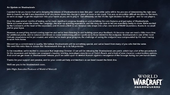 《魔兽世界：暗影国度》宣布延期前夕版本10月13日上线