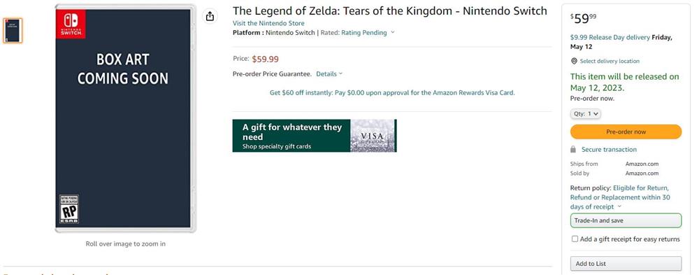 《塞尔达传说：王国之泪》上架电商平台 售价59.99美元