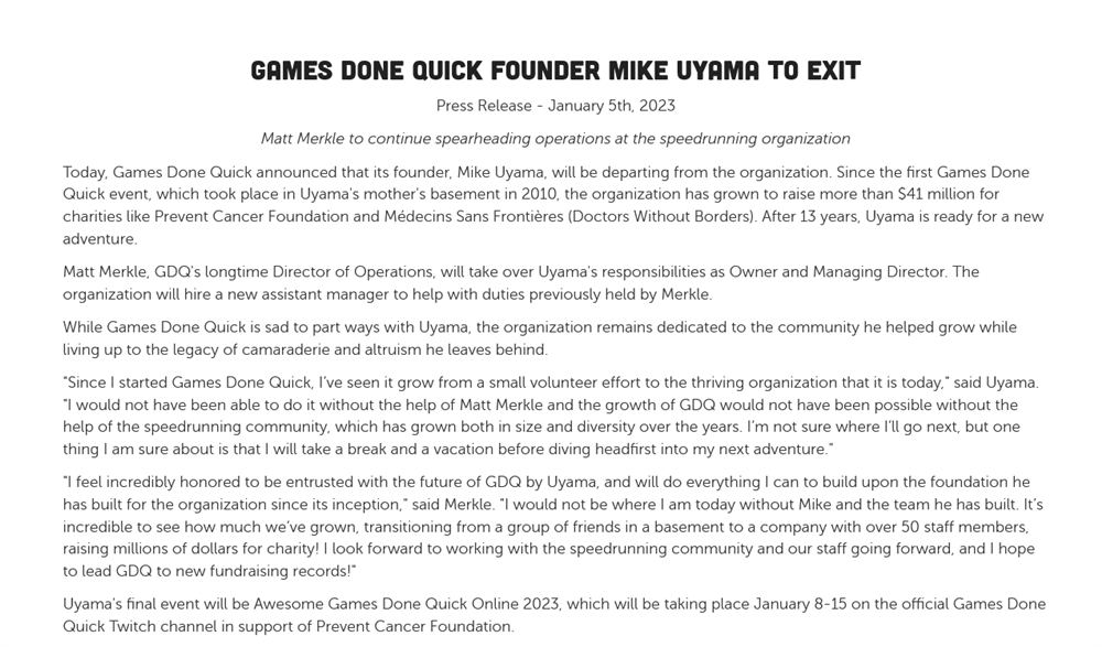 游戏速通大会GDQ创始人Mike Uyama即将离职