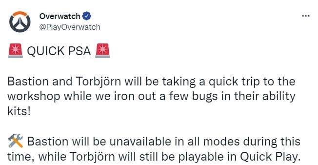 《守望先锋：归来》英雄“堡垒”和“托比昂”因技能Bug已被禁用