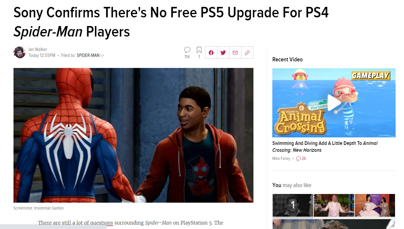 索尼：《漫威蜘蛛侠》PS4版不能免费升级PS5版