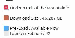 《地平线:山之召唤》预载开启所需空间大小为46.287GB
