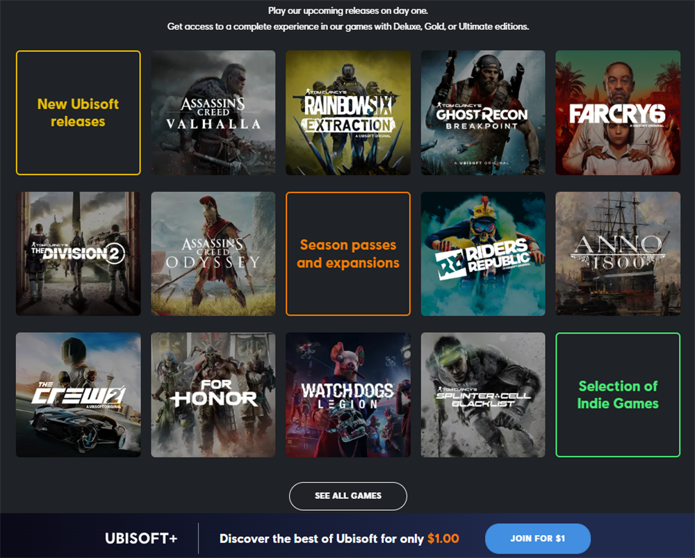 育碧开启Uplay+会员首月一美元优惠活动 畅玩百款大作
