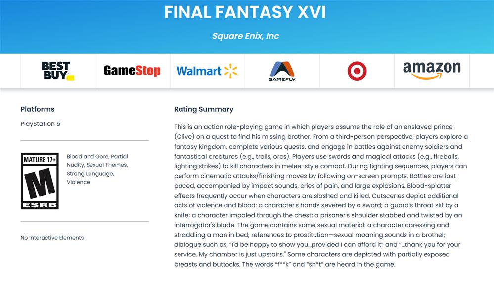 《最终幻想16》现已通过北美ESRB评级  将于明年夏季发售