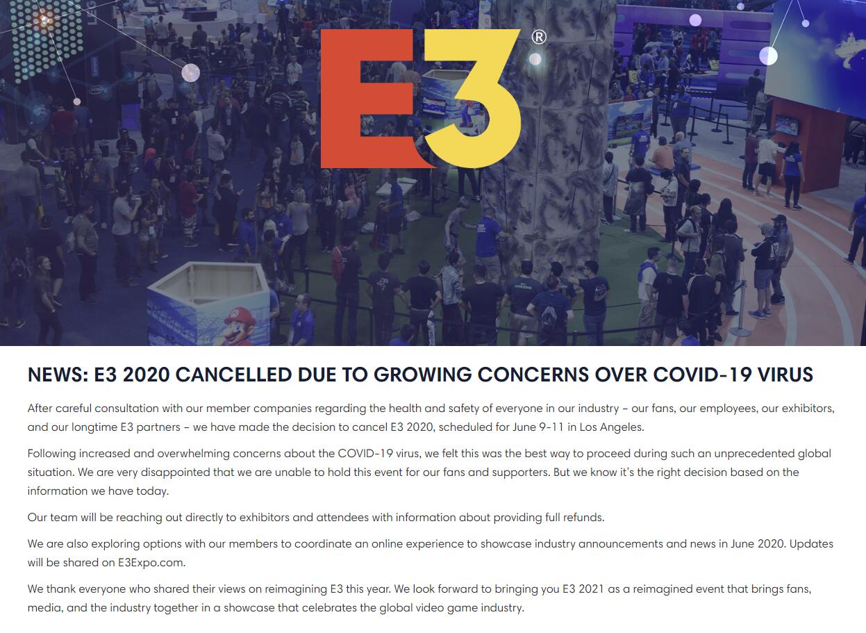 ESA官宣：E32020游戏展取消