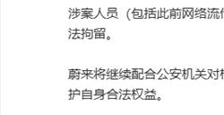 蔚来：故意制造和传播相关谣言的涉案人员已被拘留