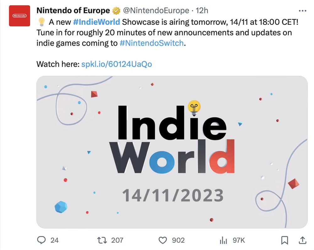 任天堂宣布indie world独立游戏发布会  将于11月15日举行