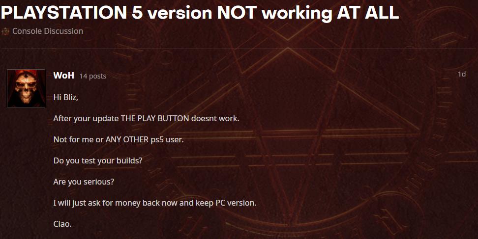 《暗黑破坏神2：重制版》新更新导致欧服PS5用户打不开游戏