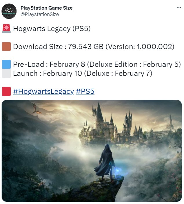 《霍格沃茨：遗产》PS5版预载时间关闭  容量大小为79.543GB